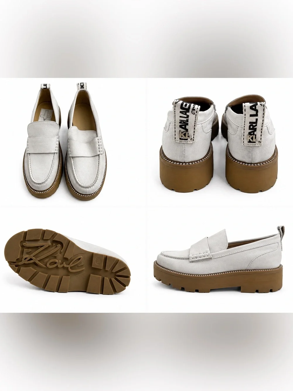 Karl Lagerfeld Paris Rhinestone Platform Loafers Light Gray Silver 6.5 Leather